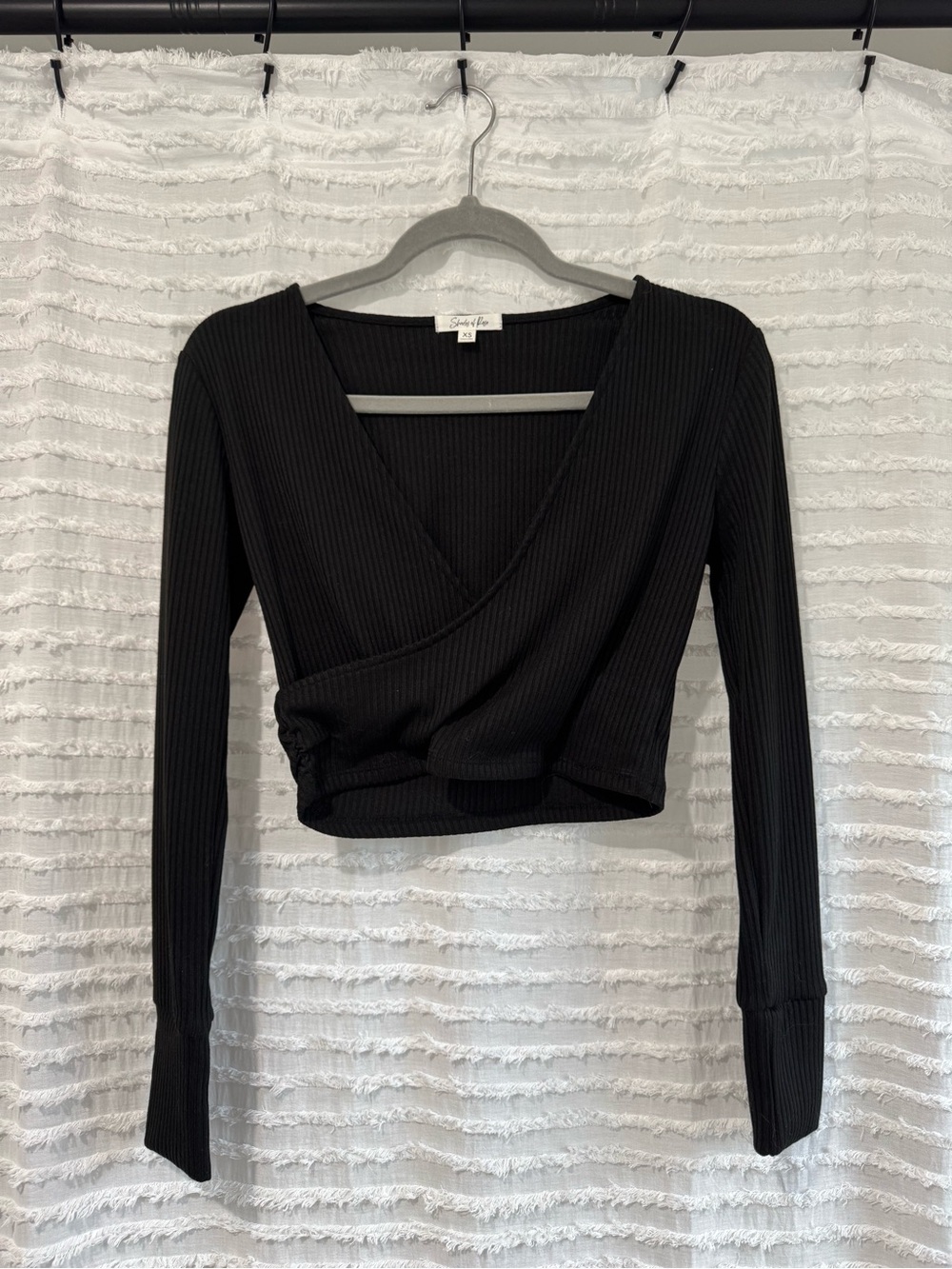 Ribbed Black Wrap-Front Long Sleeve Top